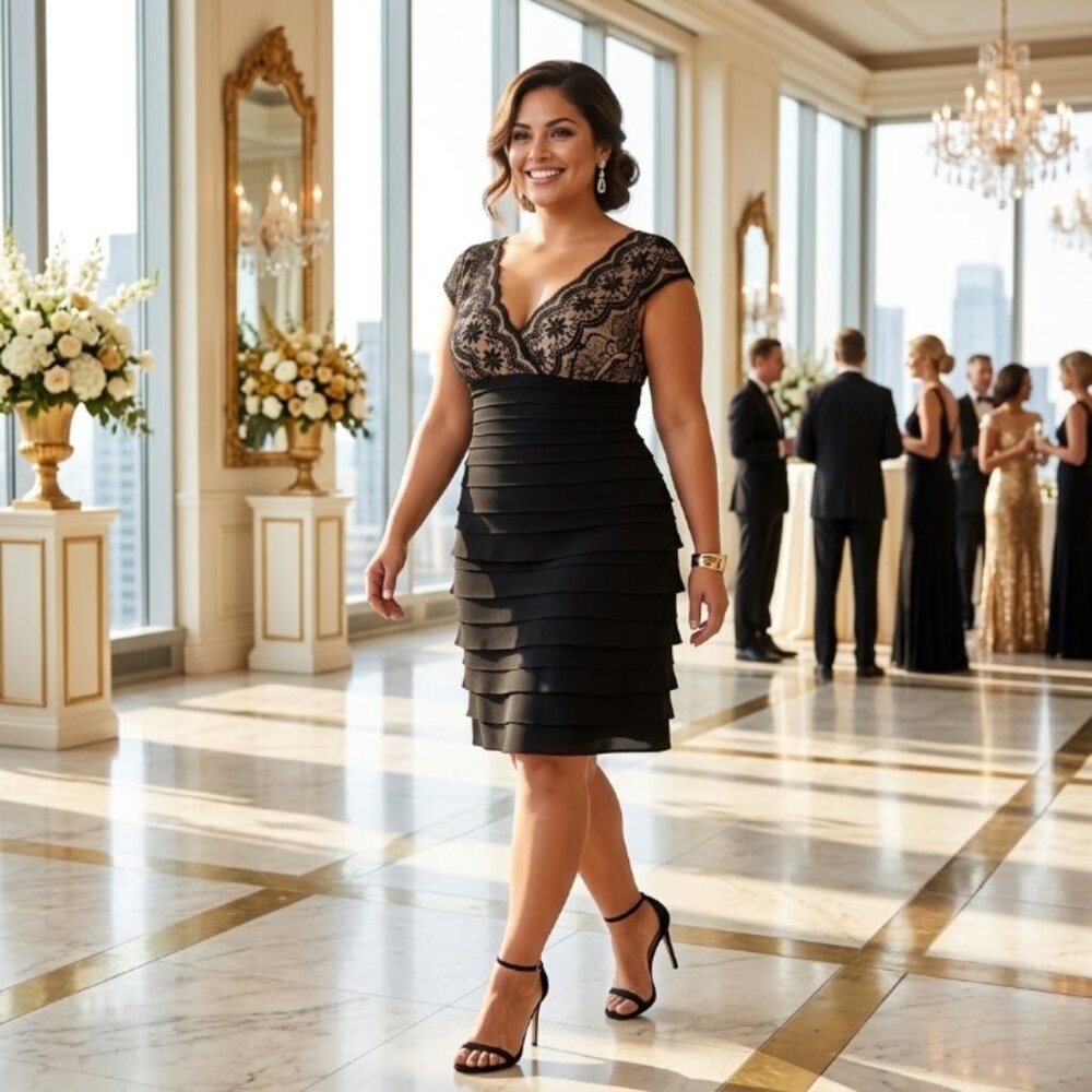 EUC Adrianna Papell Lace Cocktail Dress Women 16W Black Wedding Guest